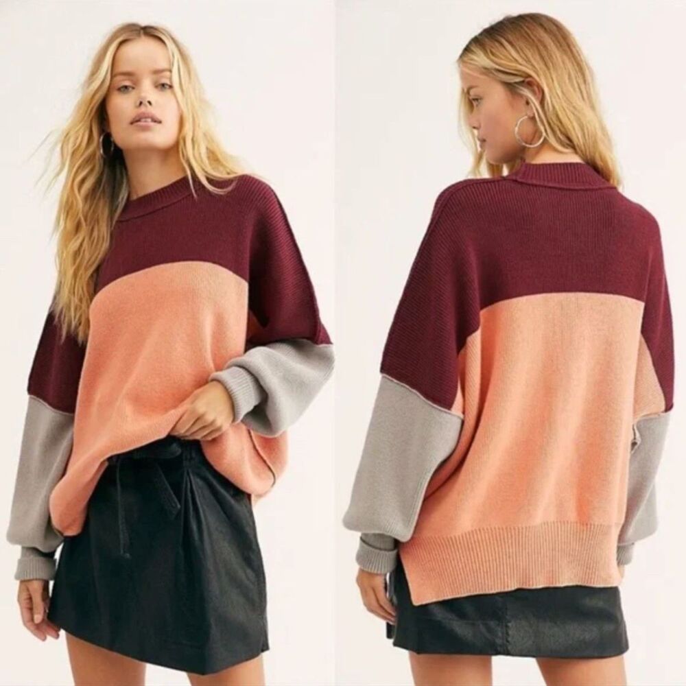 Free People NWOT Easy Street Color Block Sweater - Peach Combo, Large (L)